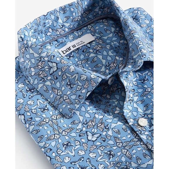 Bar III Men's Slim-Fit Stretch Butterfly Pattern Dress Shirt Blue Small 14-14.5 - Picture 5 of 9